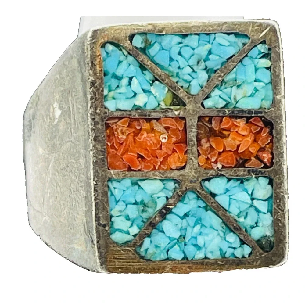 Crushed Turquoise and Coral Inlay Sterling Silver Ring Size 9.5 Native American